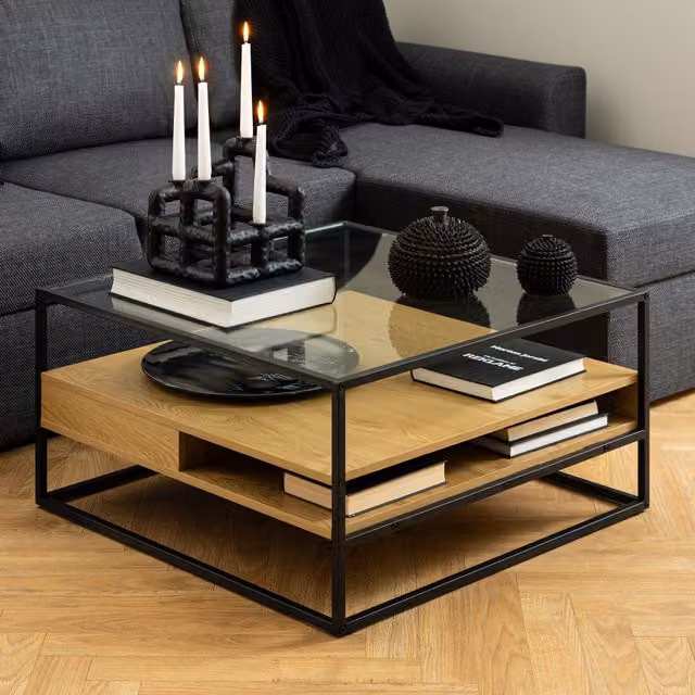 Furniture To Go Modern Square Coffee Table with Glass Top and Metal Frame in Black and Ash – 1
