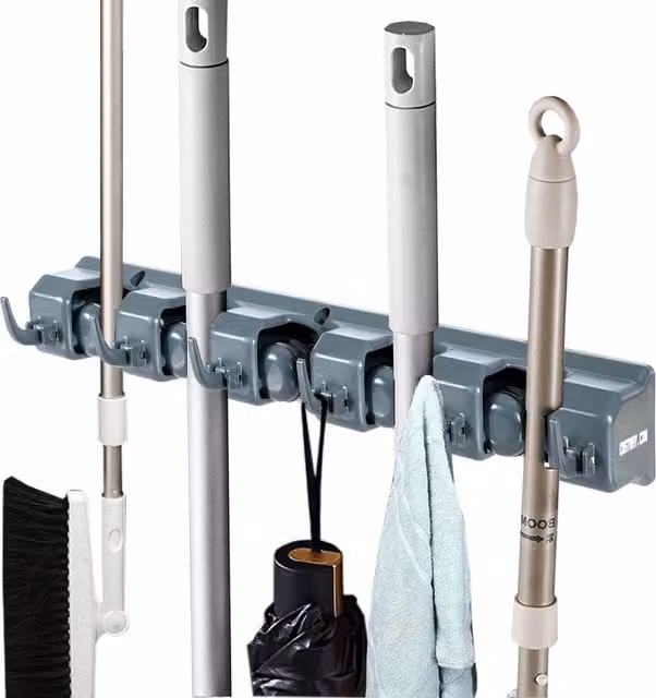 COSTWAY Wall-Mounted Anti-Slip Broom Holder in Grey