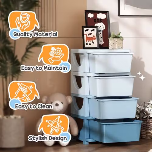 HOMCOM 4 Tier Plastic Kids Toy Storage Unit with 4 Drawers, Blue – 4
