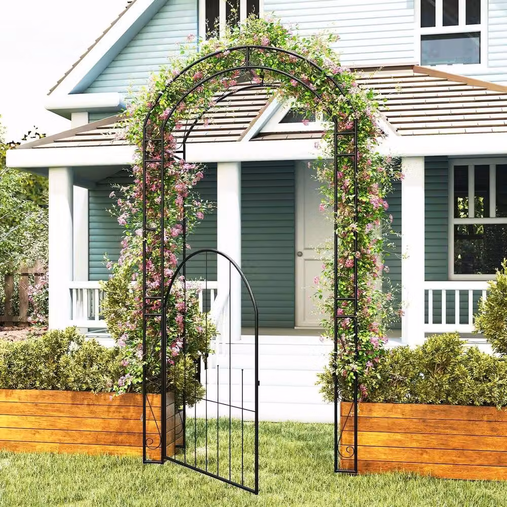 VOGREX Black Metal Garden Arch with Gate and Climbing Plant Trellises, Height: 214 cm – 3