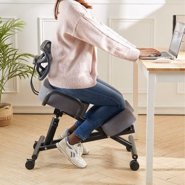 Livingandhome Modern Adjustable Height Kneeling Chair with Castors in Grey Fabric and Metal