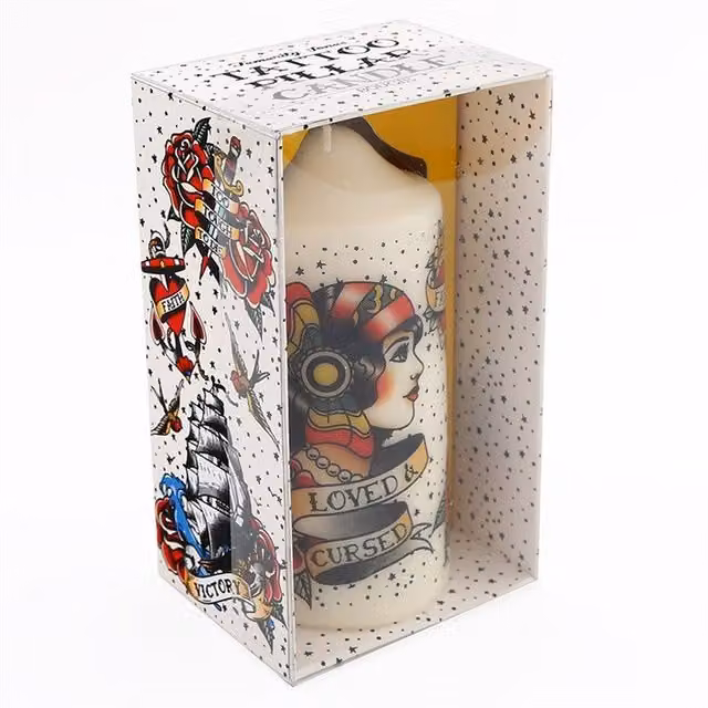KDMK Vintage-Inspired Abstract Tattoo Pillar Candle in White Paraffin Wax