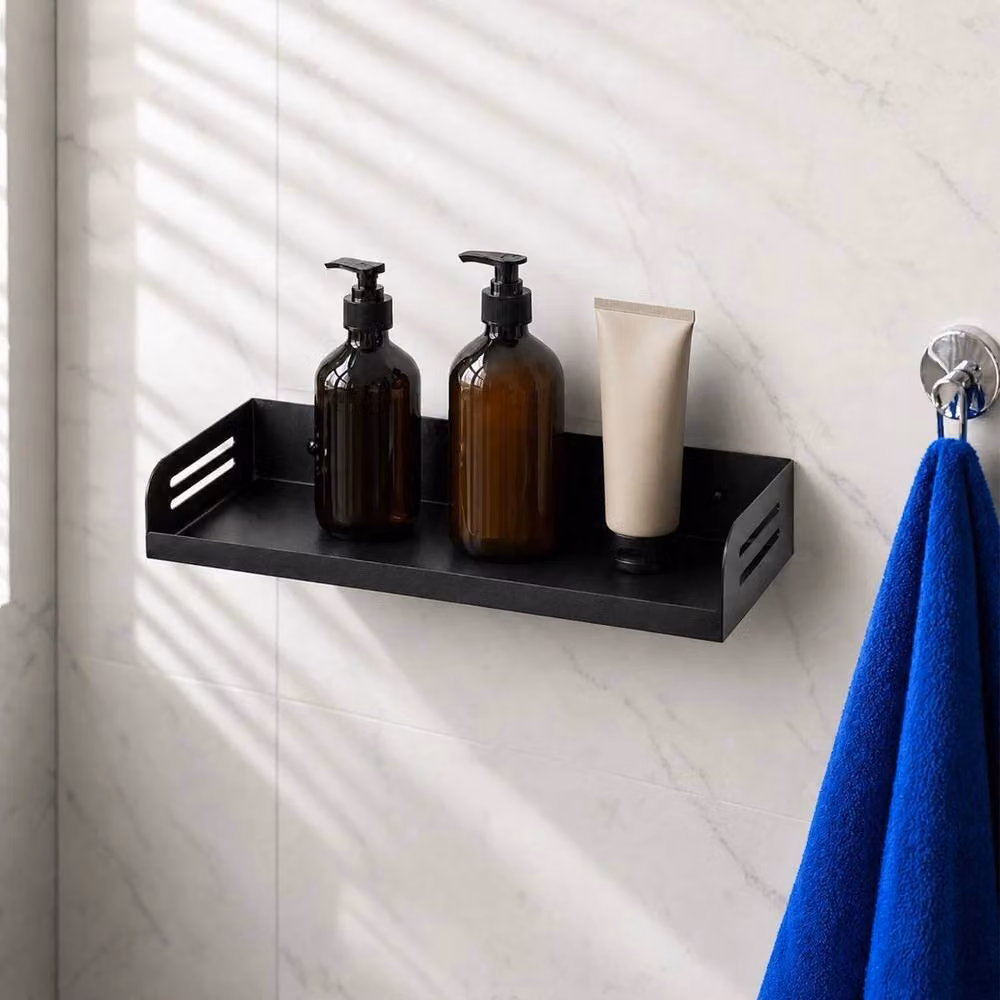 PAWNORA No Drill Wall Mount Metal Storage Shelf for Bathroom and Kitchen, Black – 5