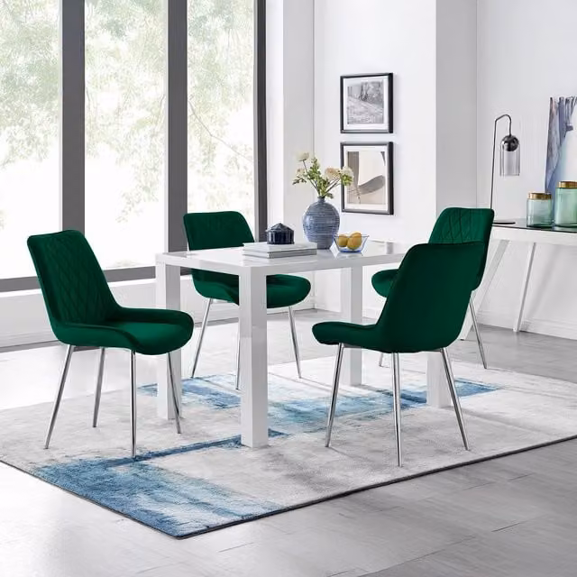 FurnitureboxUK Pivero 4 White Rectangular Dining Table and 4 Pesaro Silver Leg Chairs in Green