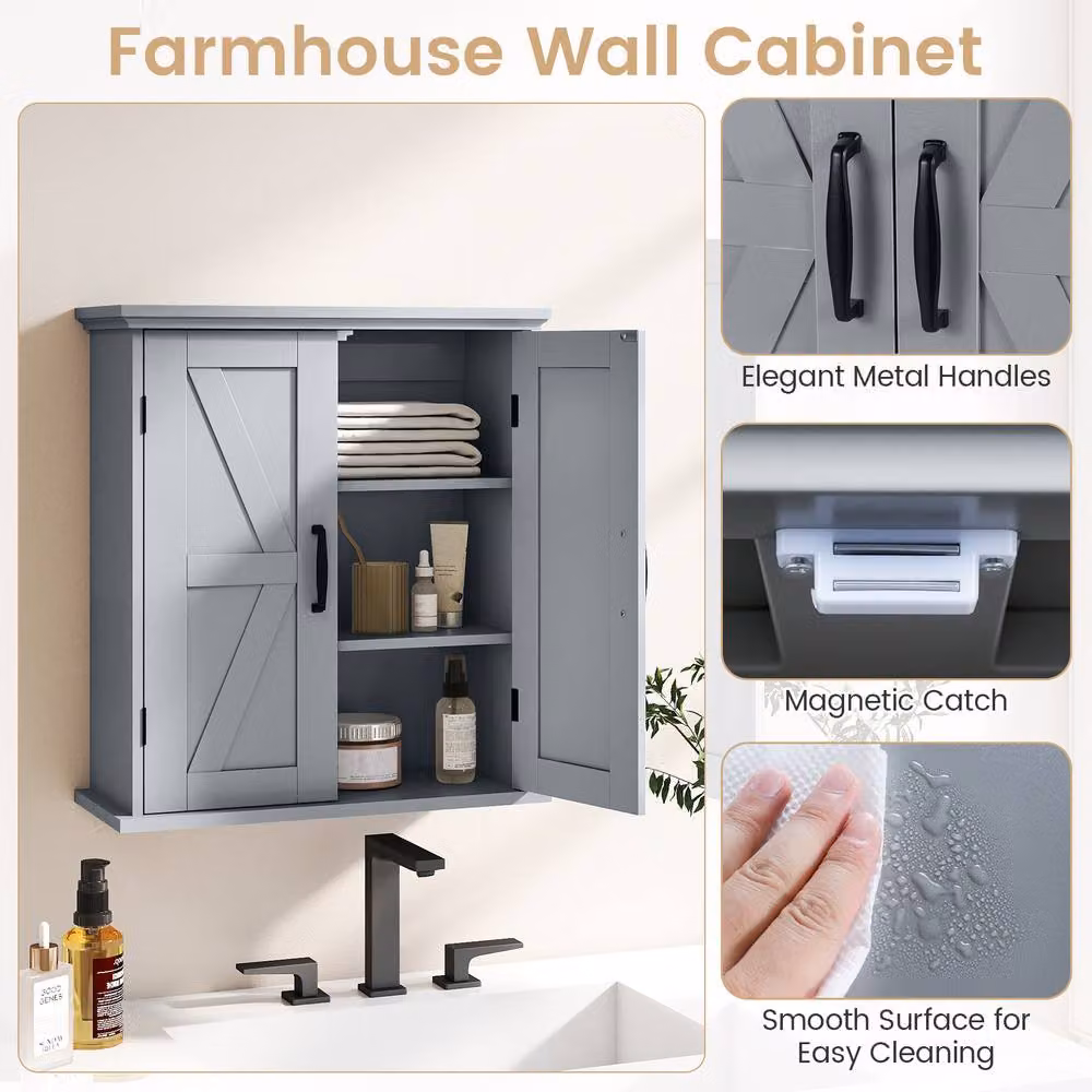 Costway Grey Farmhouse Wall Mounted Bathroom and Kitchen Cabinet with 2 Hinged Doors and Internal Shelves – 4