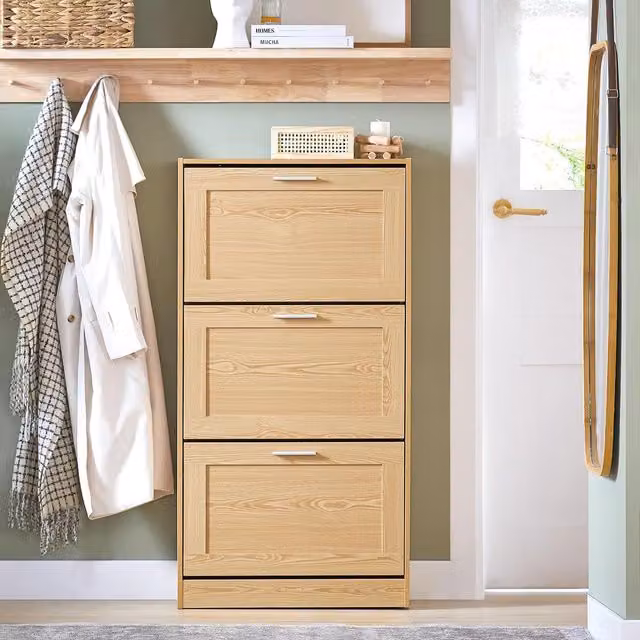 SoBuy Modern Slim Wooden Shoe Cabinet with 3 Tilting Drawers in Yellow and Beige