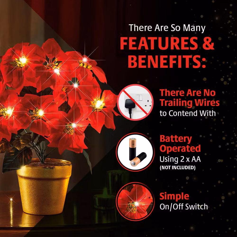 Coopers of Stortford Red and Gold Light-Up Tabletop Potted Poinsettia with Warm White LEDs – 2