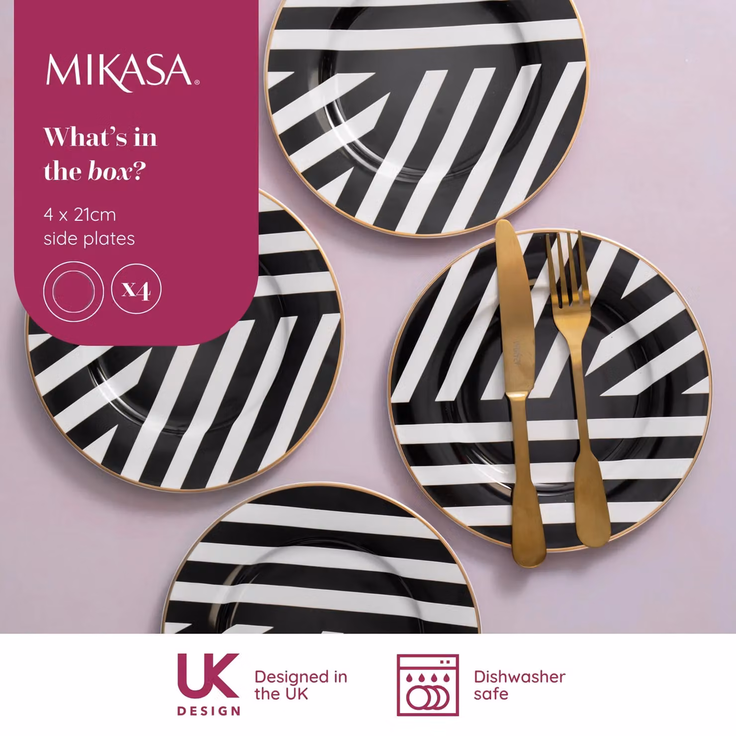 Mikasa Luxe Deco Bone China Side Plates, Set of 4, Black and Gold, Diameter: 21 cm – 4