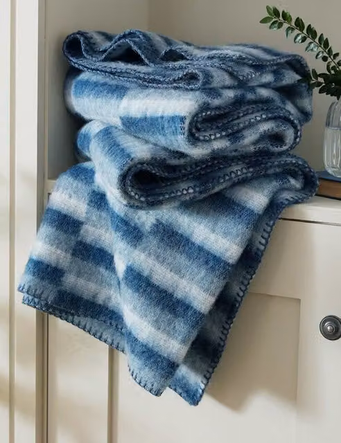Laura Ashley Extra Large Geo Stripe Wool and Cotton Throw in Blue Mix