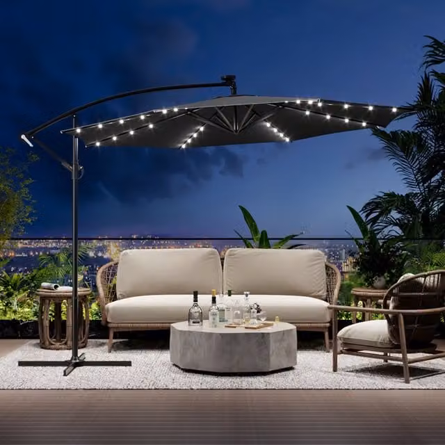 Breeins 32 LED Patio Umbrella with Crank Lift and Base in Anthracite Grey