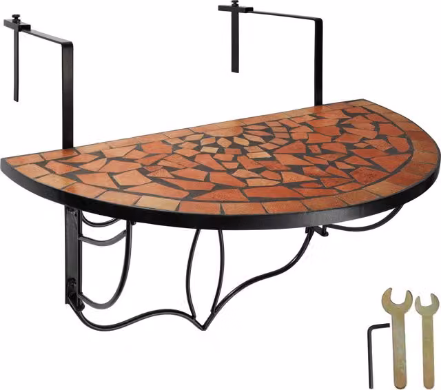 tectake Mediterranean Hanging Round Table with Red and Orange Geometric Ceramic Mosaic Pattern and Folding Metal Top
