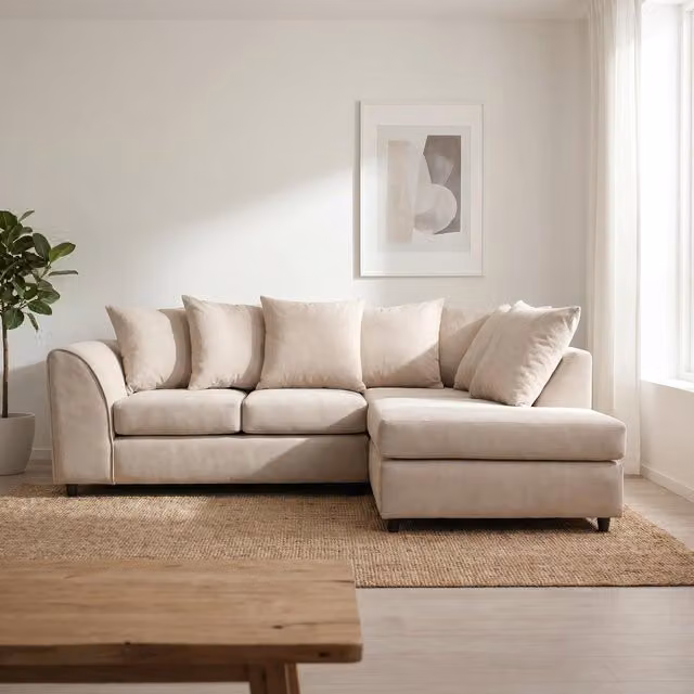 Abakus Direct Harriet Relaxed Linen L-Shape Corner Sofa with Chaise and Scatter Cushions in Grey and Beige, Right-Facing