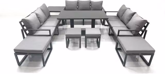 Fimous 13 Seater Aluminium Garden Sofa Set with Height Adjustable Dining Table, Side Table and 4 Footstools in Dark Grey