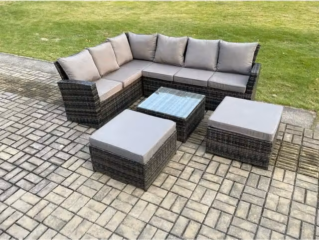 Fimous 8-Seater Rattan Garden Corner Sofa Set with Square Tempered Glass Table in Dark Grey Mixed