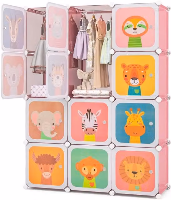 Gymax Portable 12-Cube Childrens Wardrobe and Baby Dresser with Hinged Doors in Pink