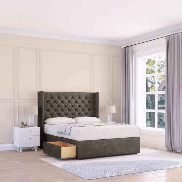 Sloomy Dior Dumfries Wingback Bed Set in Dark Grey Velvet with 2 Drawers and Floor Standing Headboard, W/D/H: 140 x 200 cm