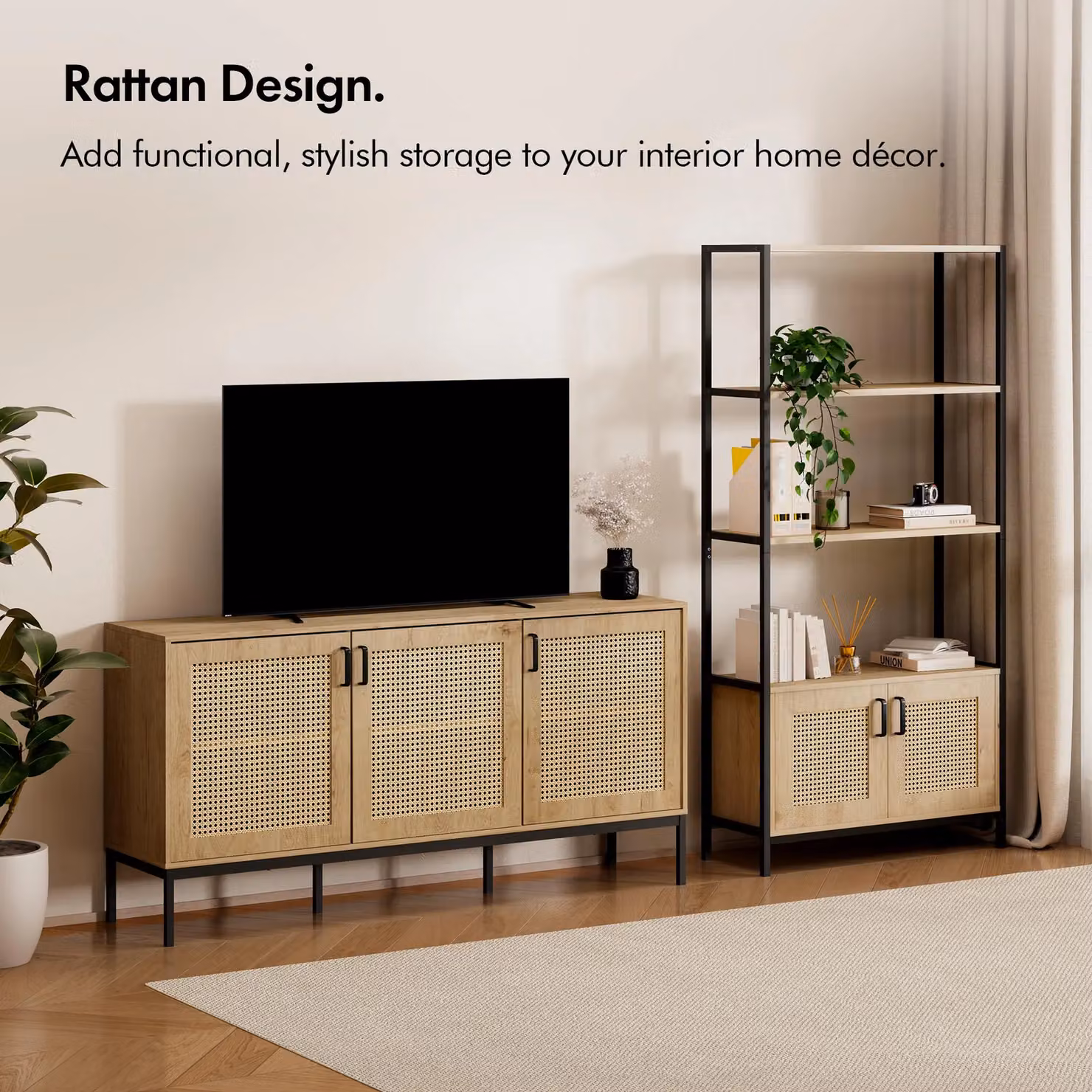 VonHaus Lena Rattan Effect Living Room Storage Bookcase in Brown and Black, H 180 x W 64 x D 35 cm – 4