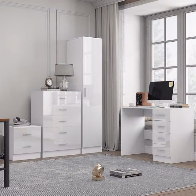 REFLECT White High Gloss Bedroom Furniture Set Including 1 Door Wardrobe, 5 Drawer Chest, Bedside Table and Desk