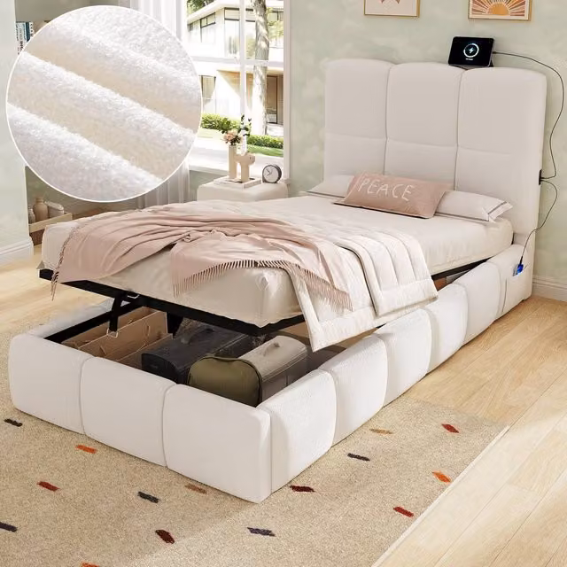 BTM Single Upholstered Ottoman Hydraulic Storage Bed Frame in Light Beige, W/D/H: 90 x 190 x 40 cm – 1