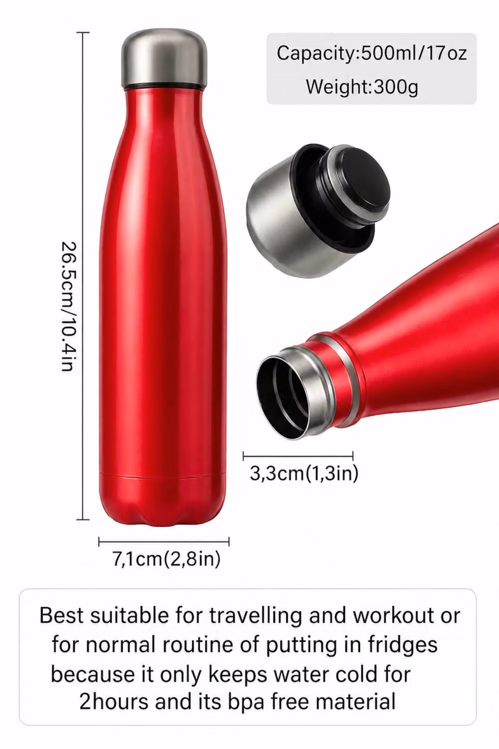 Dyzi Red Stainless Steel Water Bottle, 500ml, Leak Proof and BPA Free – 2