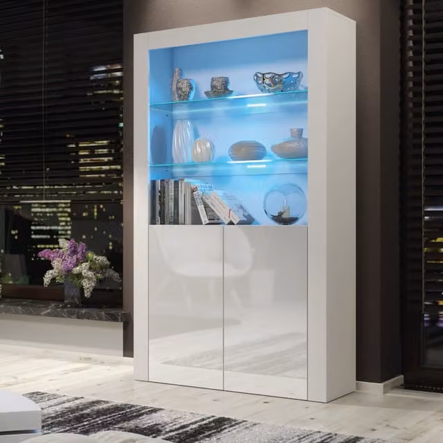 Creative Furniture Spectrum Modern White Display Cabinet with Glass Doors and Integrated Lighting, H: 170 cm, W: 100 cm, D: 35 cm