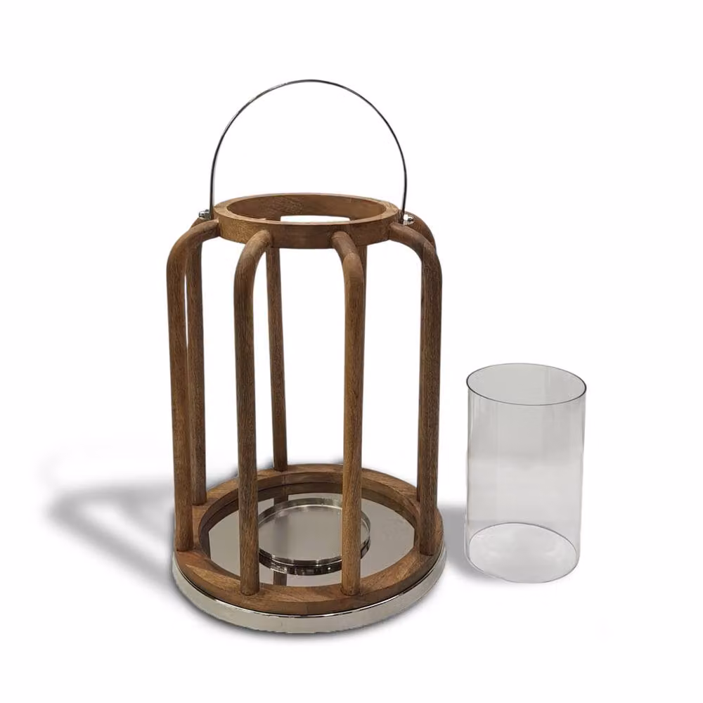 Elm Home And Garden Mango Wood and Glass Lantern Pillar Candle Holder in Brown, W/D/H: 30.0 x 40.0 x 30.0 cm – 2