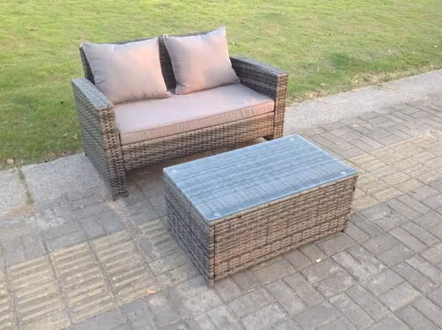Fimous Grey Polyrattan 2 Seater Garden Love Seat Sofa and Coffee Table Set with Upholstered Cushions