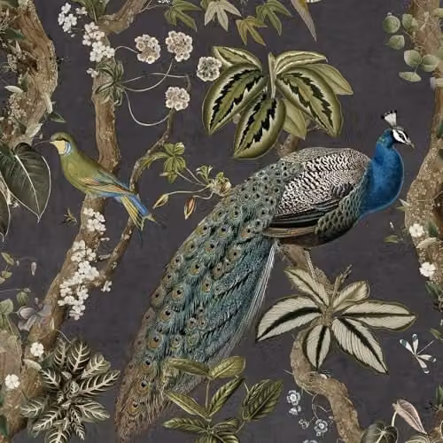 Holden Decor Peacock Woods Oriental Themed Floral and Animal Print Wallpaper in Charcoal Grey and Multicolour