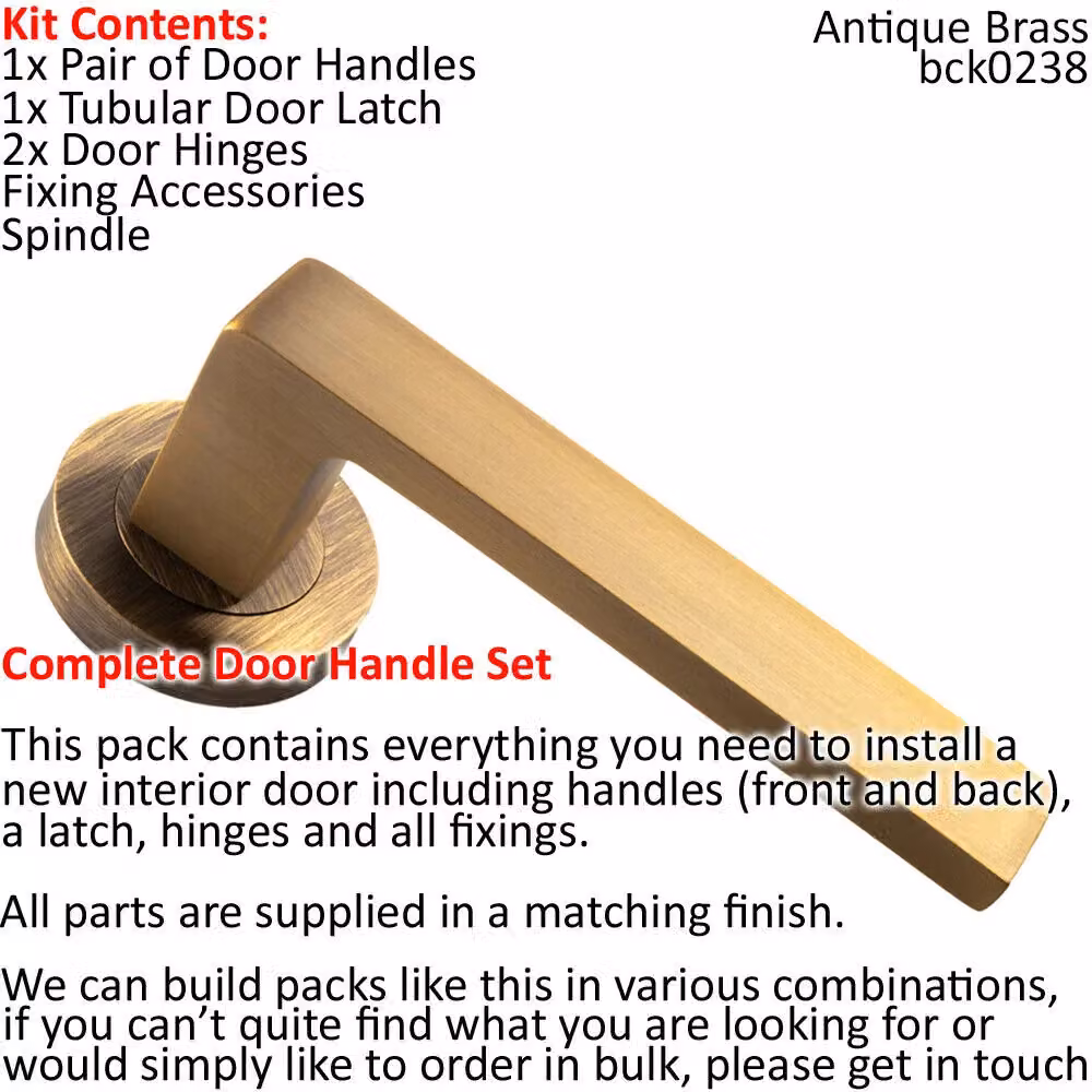 Loops Antique Brass Square Lever Door Handle and Latch Pack with Screwless Round Rose – 2