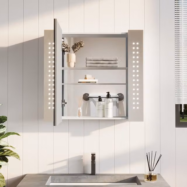 Livingandhome White LED Bathroom Makeup Mirror Cabinet with Integrated Lighting, Anti-Fog Function and Shaver Socket