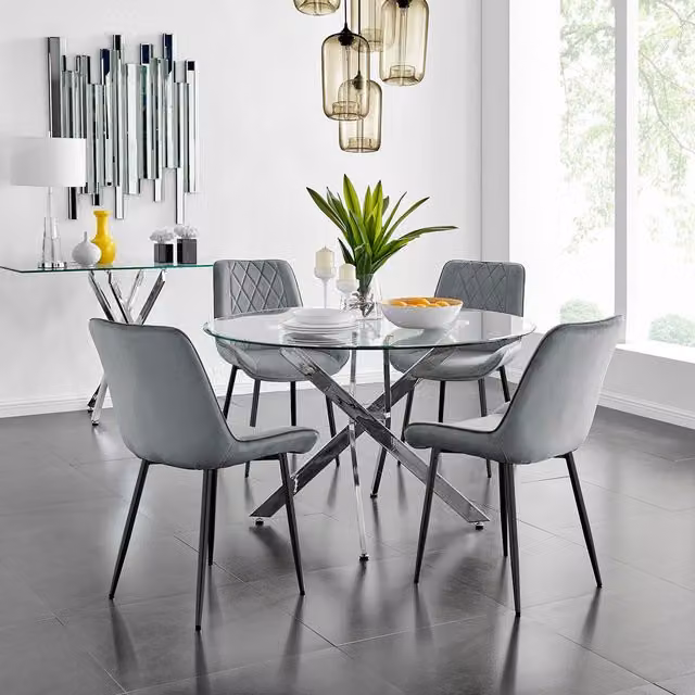 FurnitureboxUK Novara Round Glass Dining Table and Four Pesaro Upholstered Chairs in Grey and Black