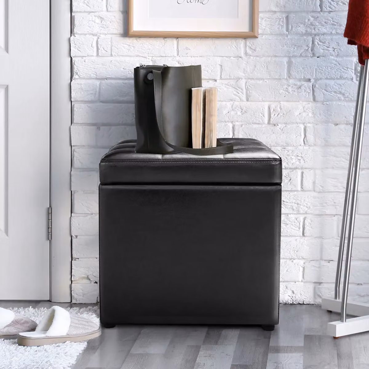 Costway Faux Leather Cube Storage Ottoman and Padded Foot Stool in Black – 4