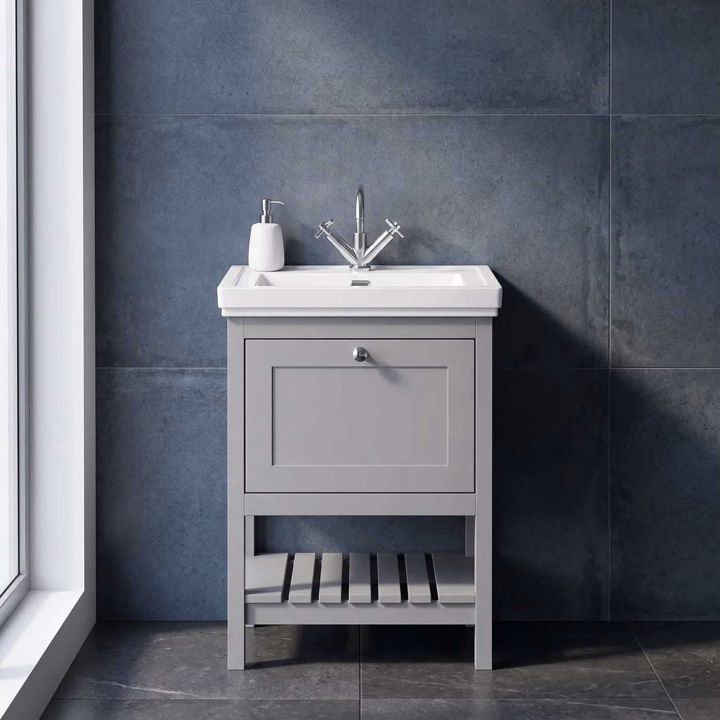 Balterley Bathroom Floor Vanity Unit with 1 Drawer and 1 Tap Hole Basin, Cool Grey, Width: 63 cm – 5
