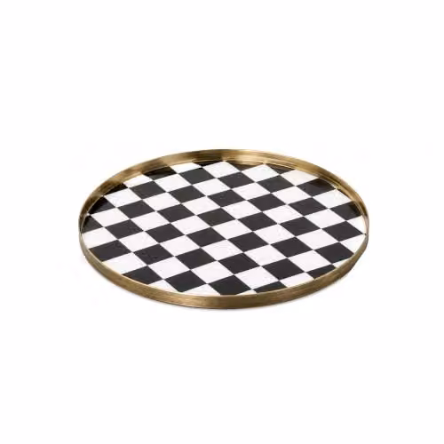 Melody Maison Checked Round Metal Tray in Black, Gold and White – 4