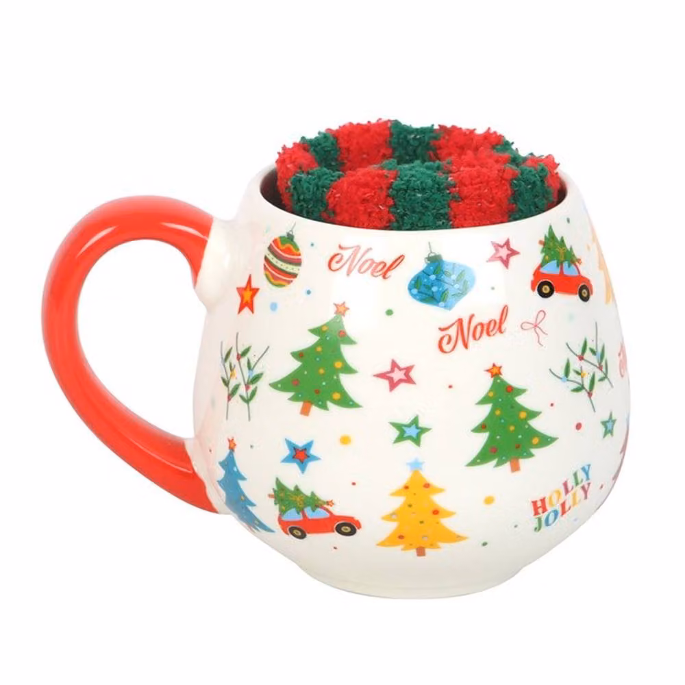 Uniqueful Nostalgic Christmas Print Mug and Striped Socks Set, Red and Multicolour, 550 ml – 2