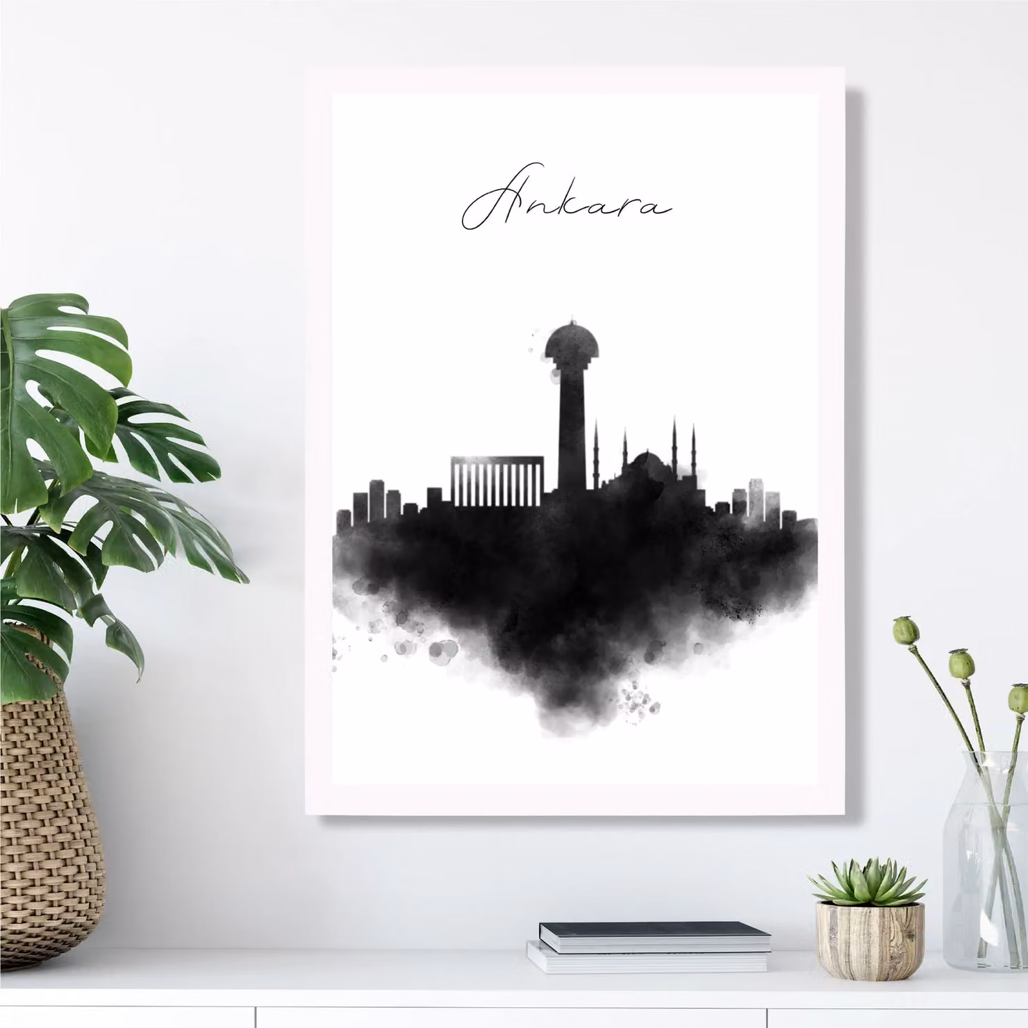 ARTZE Ankara Watercolour Skyline City Framed Print, Black and White, A2 – 2