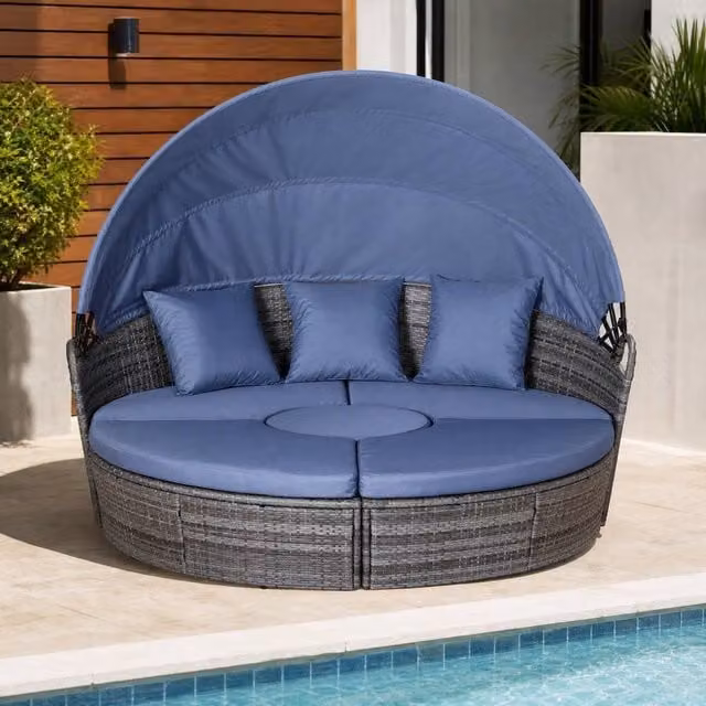 STILVORA Modern Grey Rattan Sofa with Retractable Canopy and Metal Frame