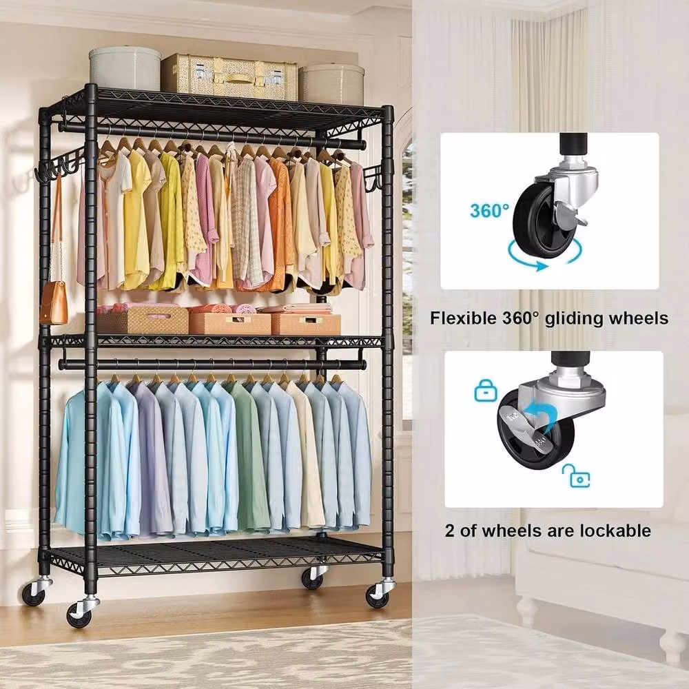 PAWNORA Heavy Duty Double Clothes Rail Rack in Matt Black – 3
