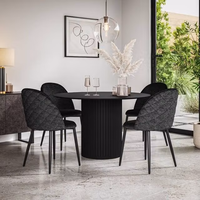 More4Homes Arlo Black Round Dining Table and Raye Black Velvet Dining Chairs Set of 6, W: 120 cm, H: 75 cm