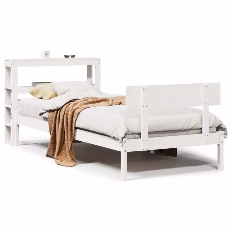 Berkfield Home Small Single Solid Wood Pine Bed Frame in White with Side Compartments and Bedside Shelf, W: 75 cm