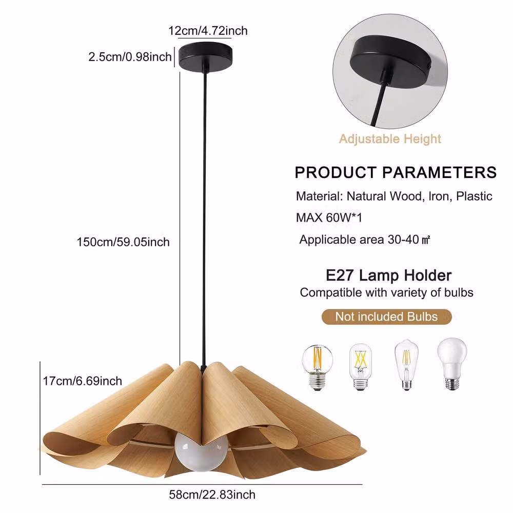NIVOR Brown Wooden Farmhouse Boho Adjustable Pendant Light with E27 Socket – 2
