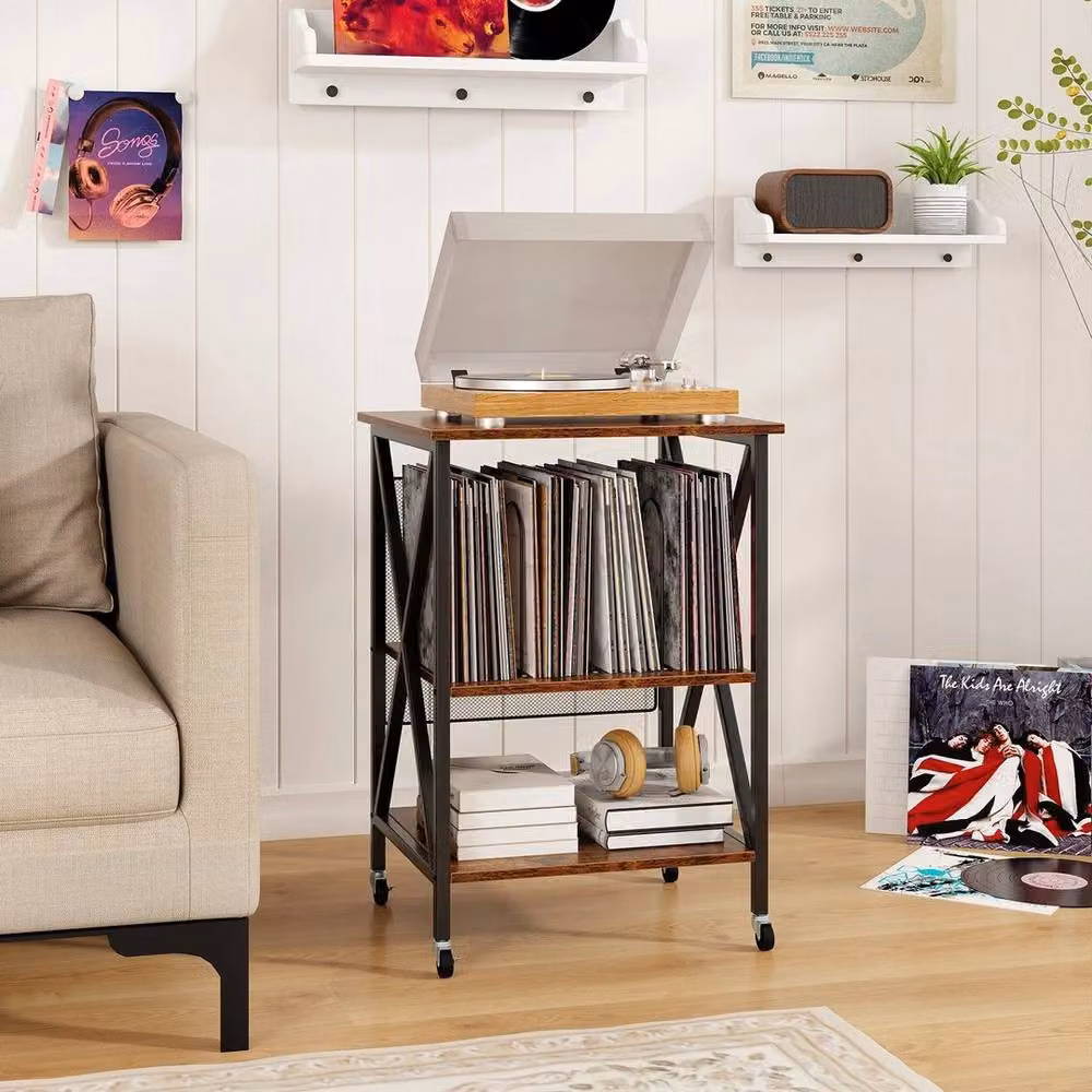 PAWNORA Brown Industrial Record Player and Turntable Stand with Castors and Media Compartments – 3