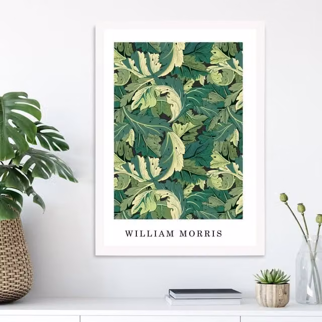 ARTZE William Morris Acanthus Floral Art Print in Bright Green with White Frame, A4 – 1