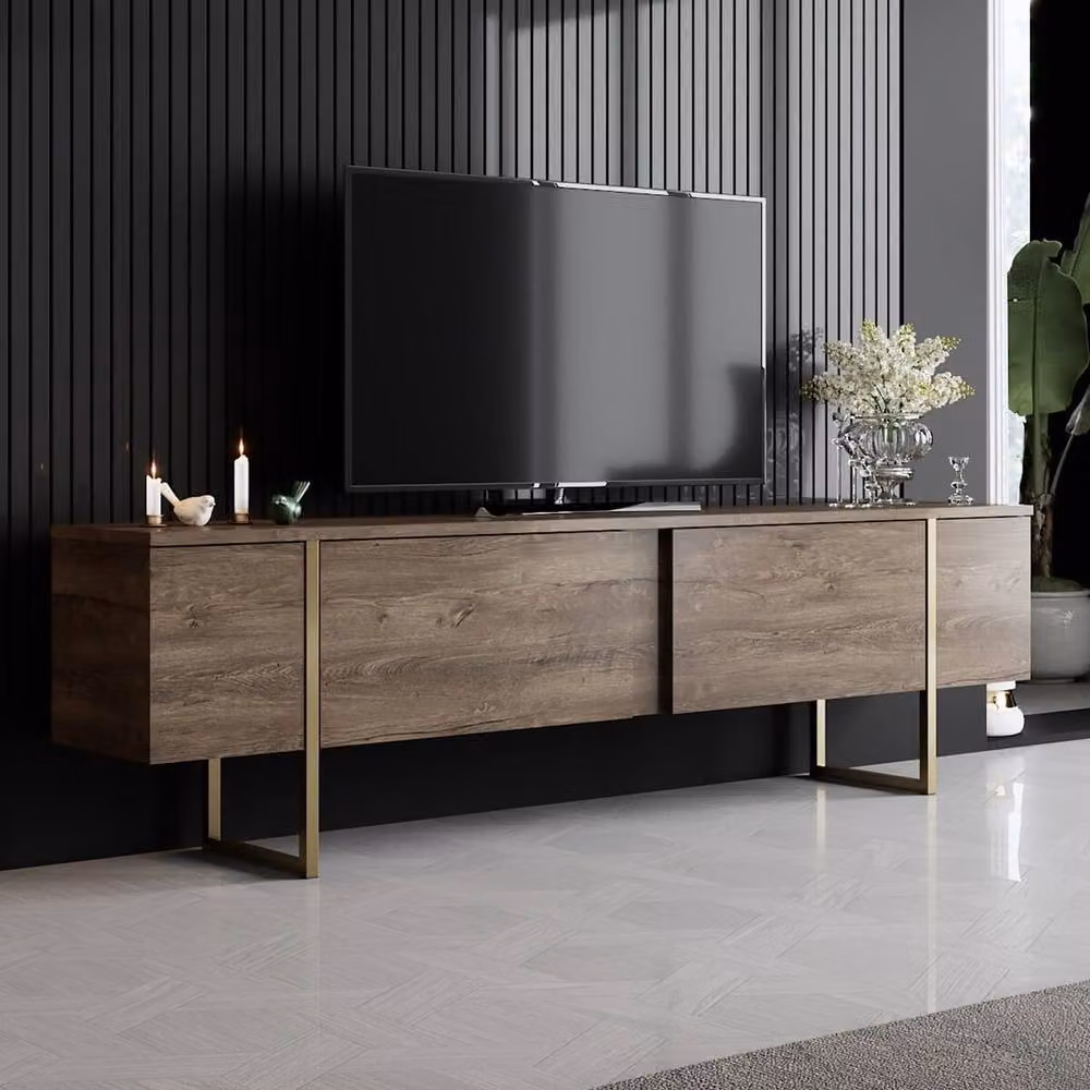 Calicosy Modern Luxury TV Stand with 2 Drop-Down Doors in Brown, W: 180 cm, D: 50 cm, H: 30 cm – 2