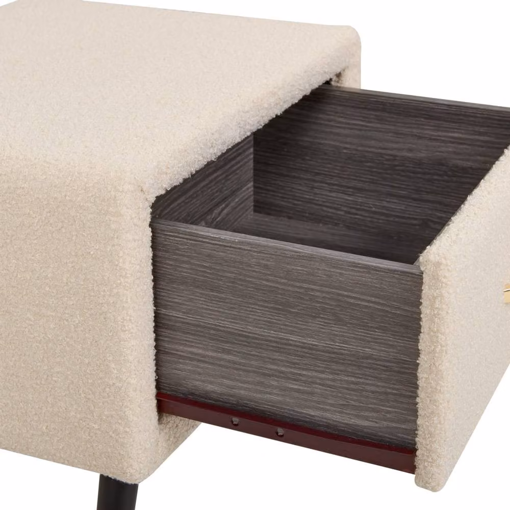 Wyld and Coco Beige Boucle Bedside Table with Black Iron Legs and Rose Gold Handle – 3