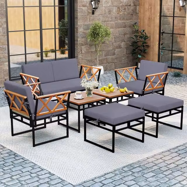 Gymax 7-Piece L-Shape Sectional Garden Sofa Set with Coffee Table and Ottoman in Brown