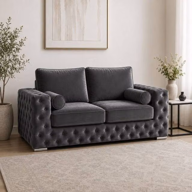 Stratus Interiors Ashley Tufted Chesterfield 2 Seater Fabric Living Room Sofa in Grey, W: 177.8 cm, D: 76.0 cm, H: 67.0 cm – 1