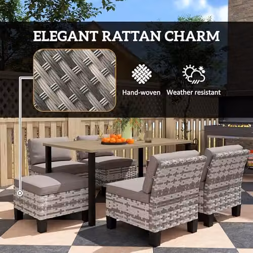 Outsunny 7-Piece Grey Polyrattan Garden Dining Set with Metal Frame and Cushions – 9