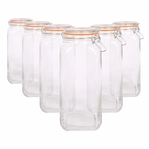 Argon Tableware Pack of 6 Square Glass Jars with Clip-Top Lids, 2L, Transparent