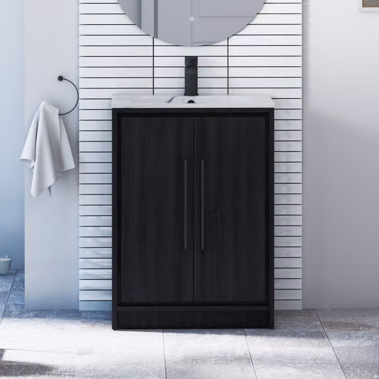 Livora 600mm Black Woodgrain Floor Standing 2 Door Bathroom Vanity Unit with Carrara White Basin and Matt Black Handles